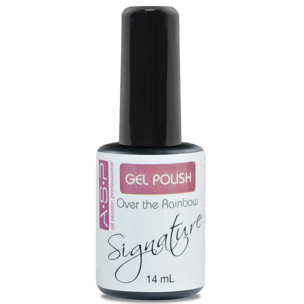 Flacon de vernis à ongles avec bouchon noir. Étiquette avec texte: GEL POLISH, Over the Rainbow, Signature, 14 ml.
