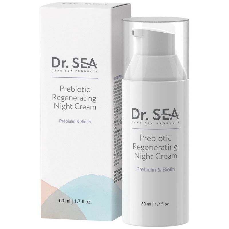 Flacon et emballage de crème. Inscription : Dr. Sea, Prebiotic Regenerating Night Cream, Prebiulin & Biotin.