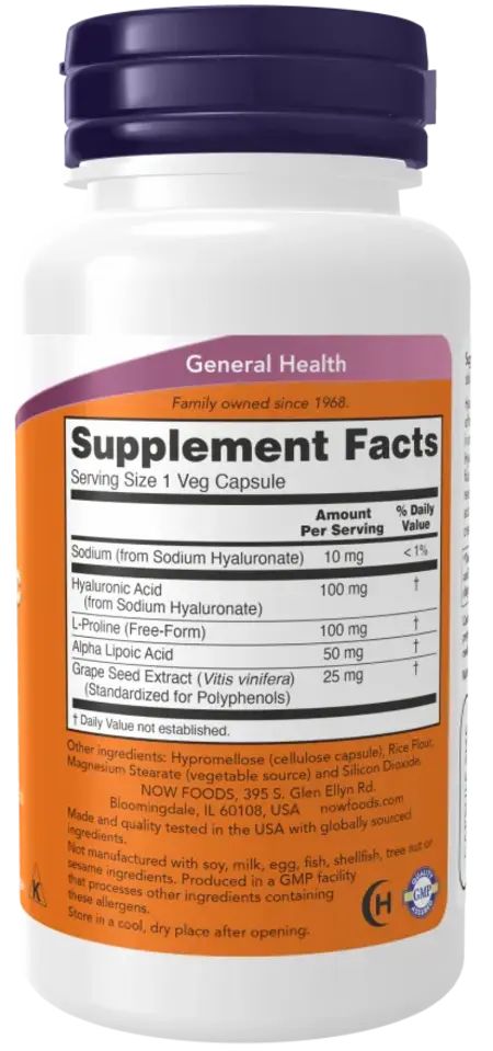 Dos du flacon. Étiquette orange avec informations nutritionnelles. Contient acide hyaluronique, L-Proline, acide alpha-lipoïque et extrait de pépins de raisin.