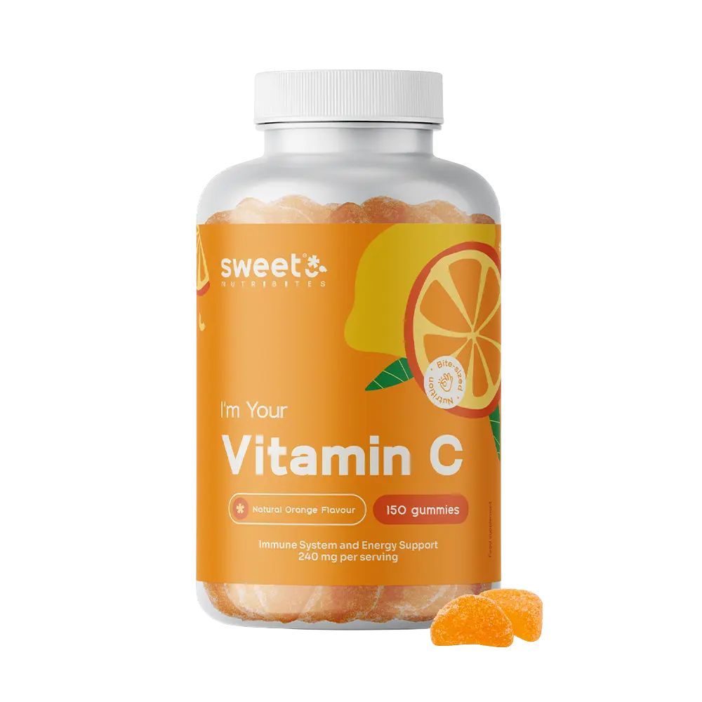 Fles vitamine C gummies. Opschrift: I'm Your Vitamin C, 150 gummies, 240 mg per portie. Twee gummies ernaast.