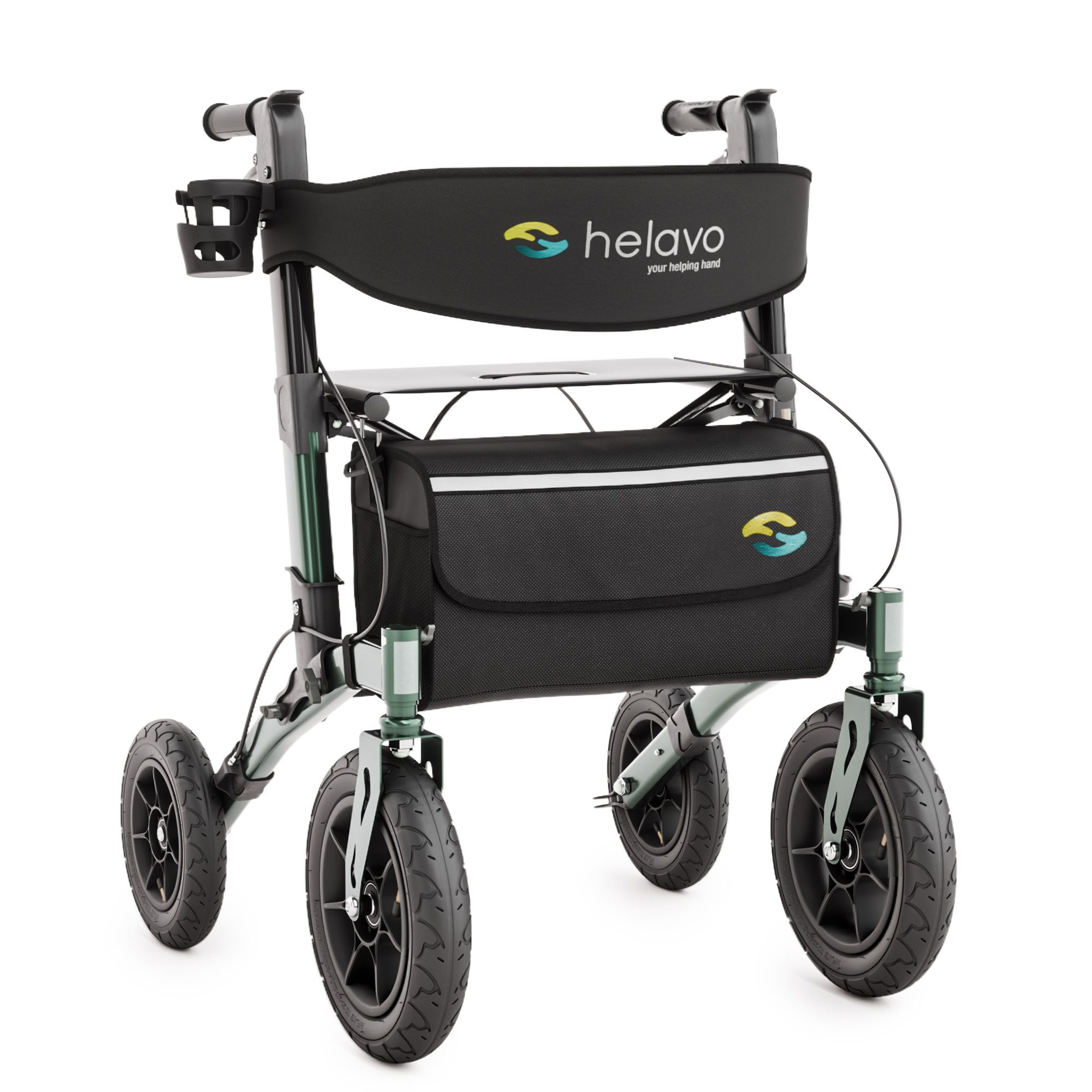 Rollator pliable avec siège, dossier, sac et porte-gobelet. Pneus à air et cadre noir.