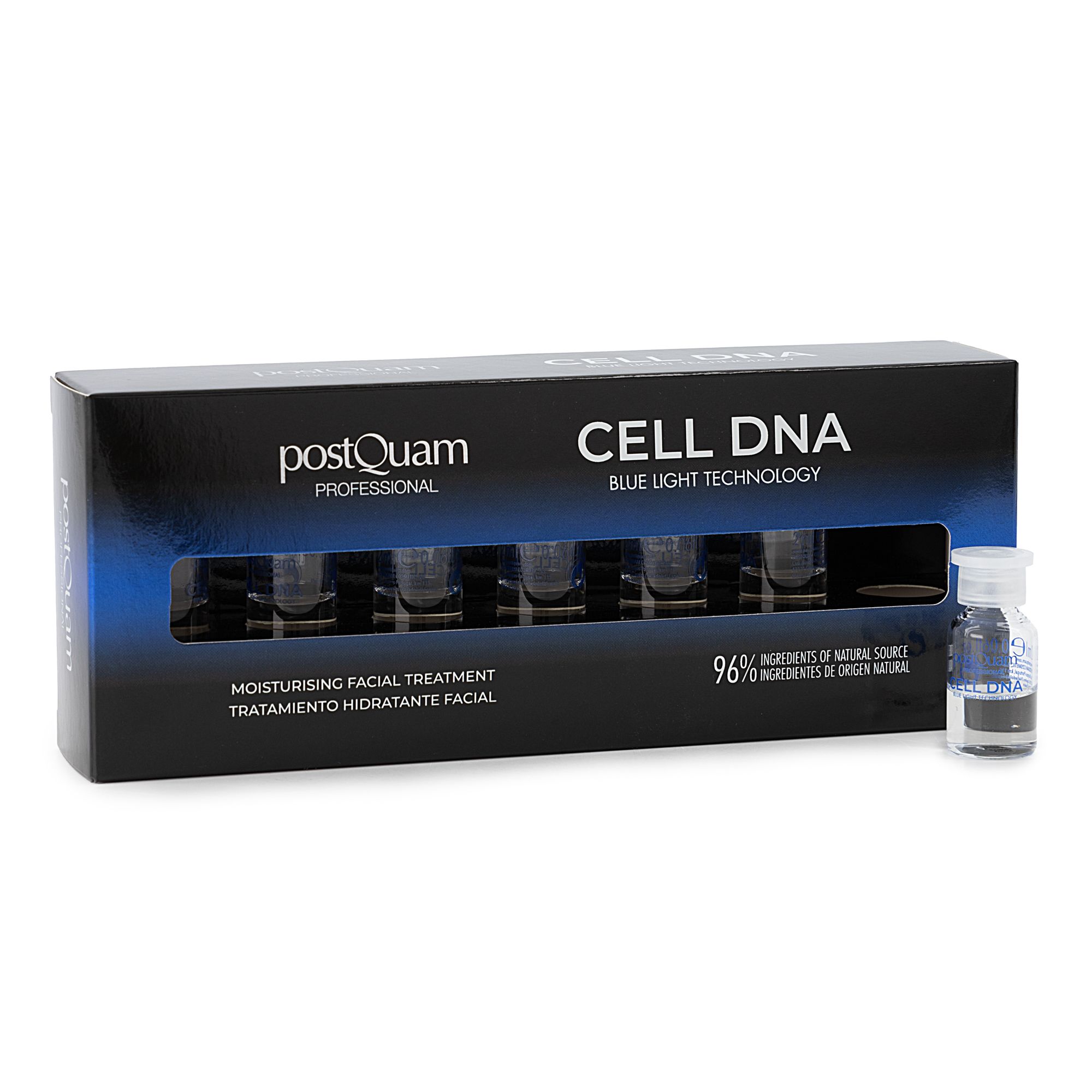 Boîte avec ampoules. Inscription: Postquam Professional, CELL DNA, Blue Light Technology. 96% ingrédients d'origine naturelle.
