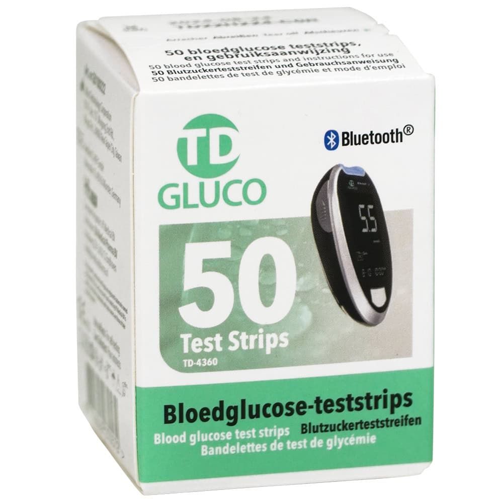 Verpakking van 50 TD Gluco bloedglucose teststrips met Bluetooth-symbool en afbeelding van bloedglucosemeter.