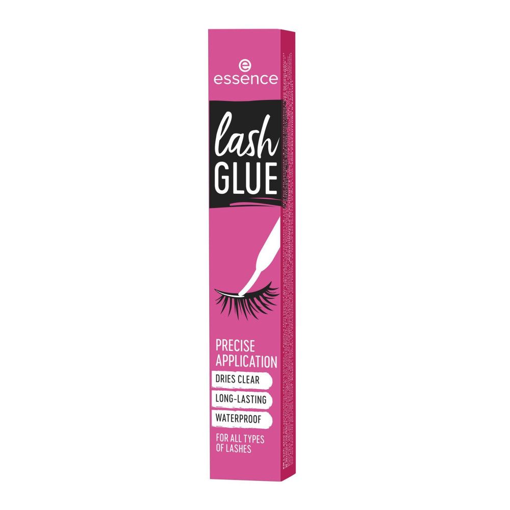 Colle à cils Essence dans un emballage rose. Inscription noire 'lash GLUE'. Texte : 'Precise Application', 'Dries Clear', 'Long-Lasting', 'Waterproof'.