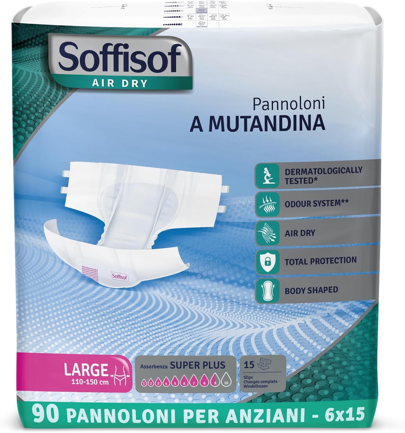 Paquet de couches Soffisof Air Dry Super Plus pour adultes. Taille Large, 90 unités, 6x15. Testé dermatologiquement.