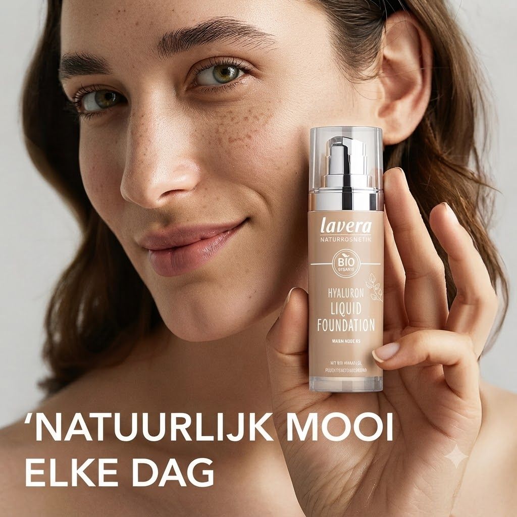Lavera Hyaluron Liquid Foundation, Warm Nude 03, met pompdose en Bio-zegel.
