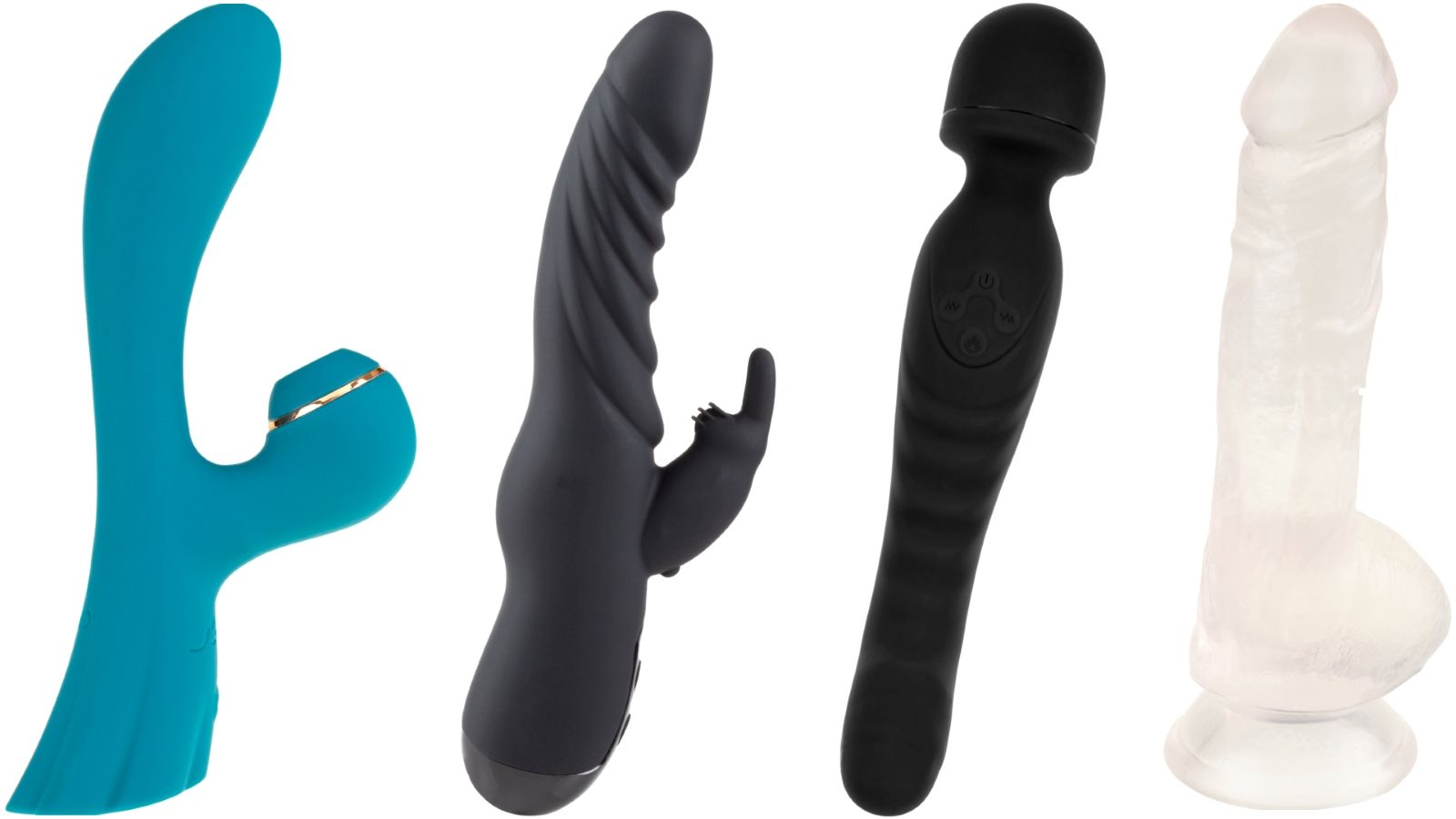 Quatre jouets sexuels de formes et couleurs variées, disposés côte à côte.