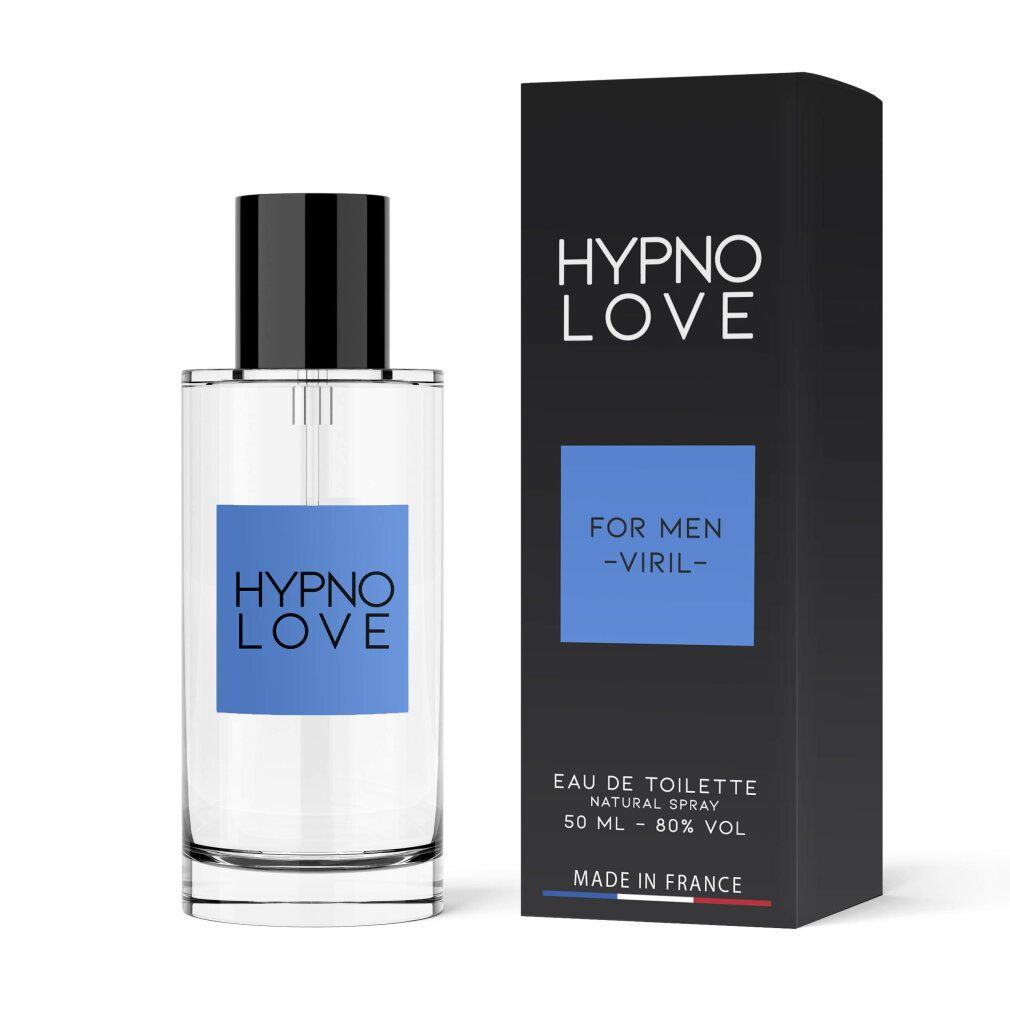 Hypno Love Eau de Toilette pour homme, 50 ml. Flacon en verre transparent avec bouchon noir et étiquette bleue, à côté de sa boîte noire.