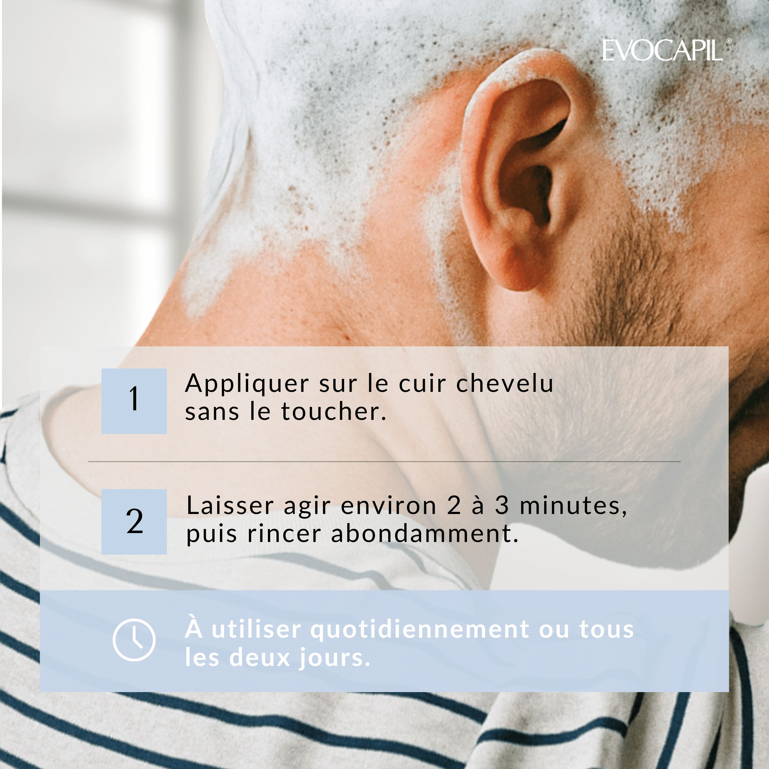 Instructions d'utilisation : Appliquer sur le cuir chevelu, laisser agir 2-3 minutes, rincer. Utiliser quotidiennement ou tous les deux jours.