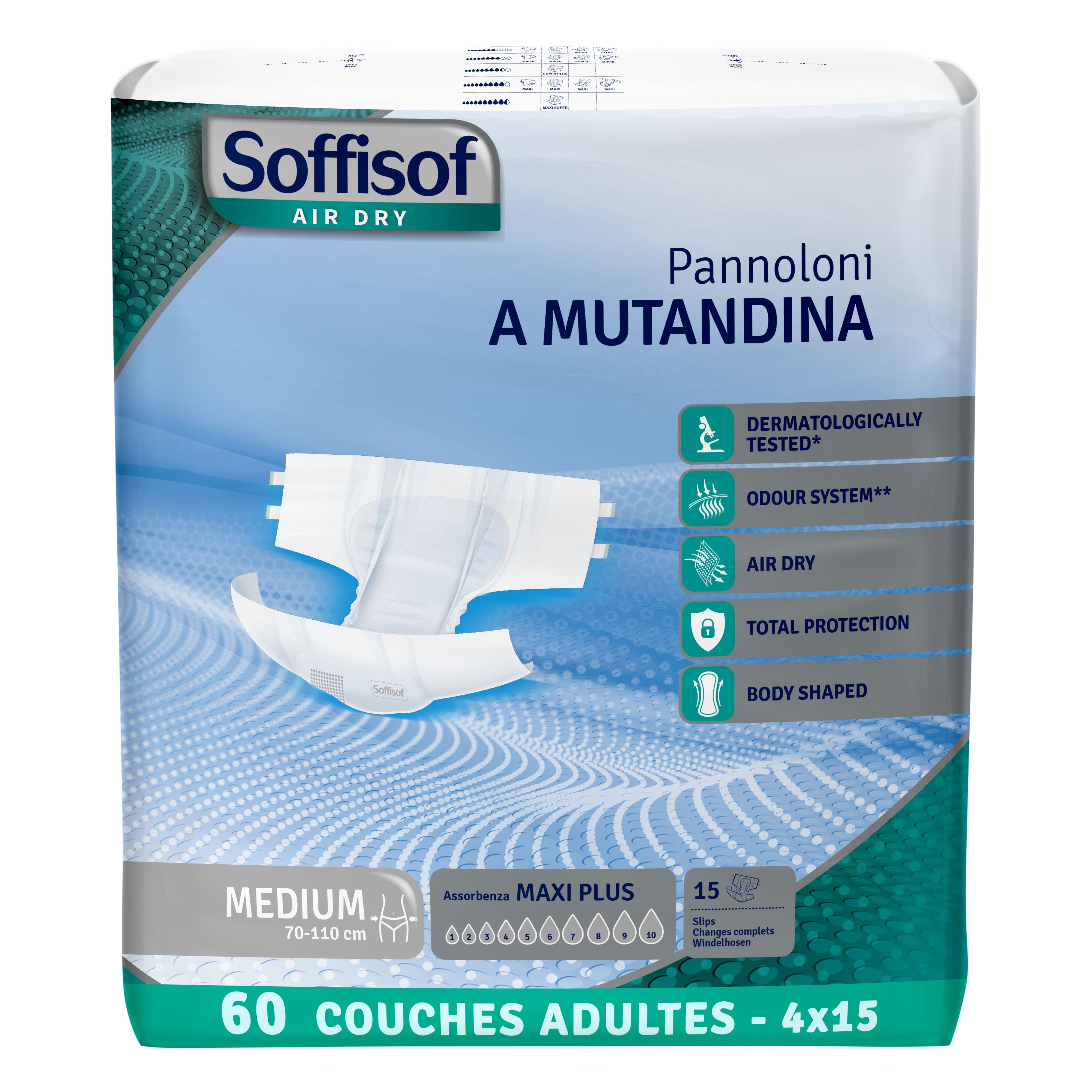 Couches Soffisof Air Dry. Paquet de 60, taille Medium. Testé dermatologiquement, système anti-odeurs.