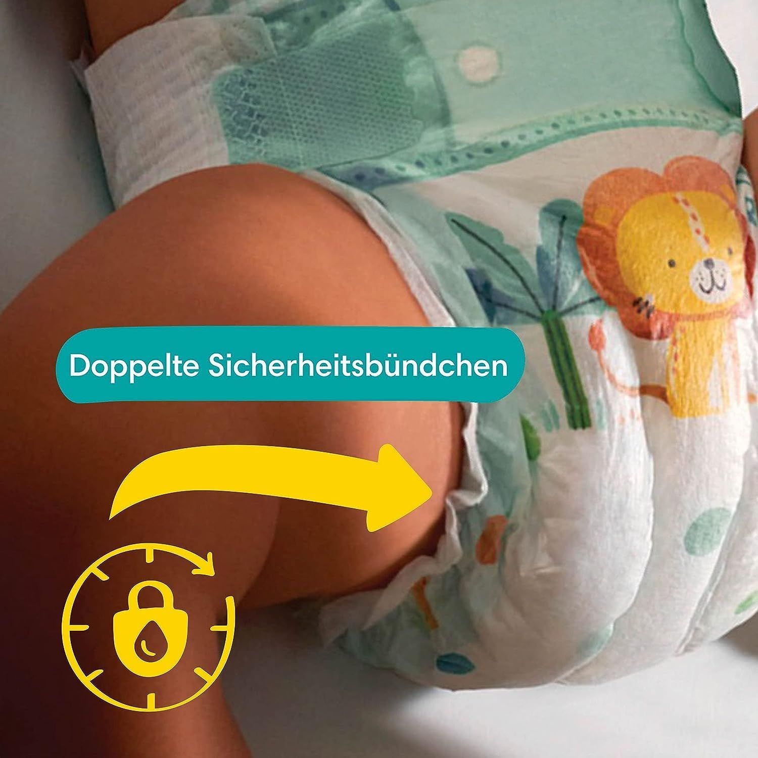 Gros plan sur une couche pour bébé. Flèche jaune et texte : Doubles barrières anti-fuites. Symbole de cadenas jaune.