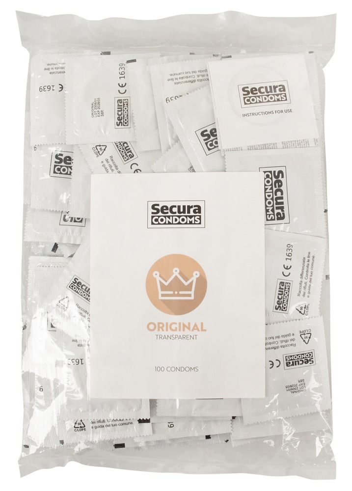 Sachet de préservatifs Secura emballés individuellement. Feuillet d'information avec logo, mot 'Original' et 'Transparent'. 100 préservatifs.