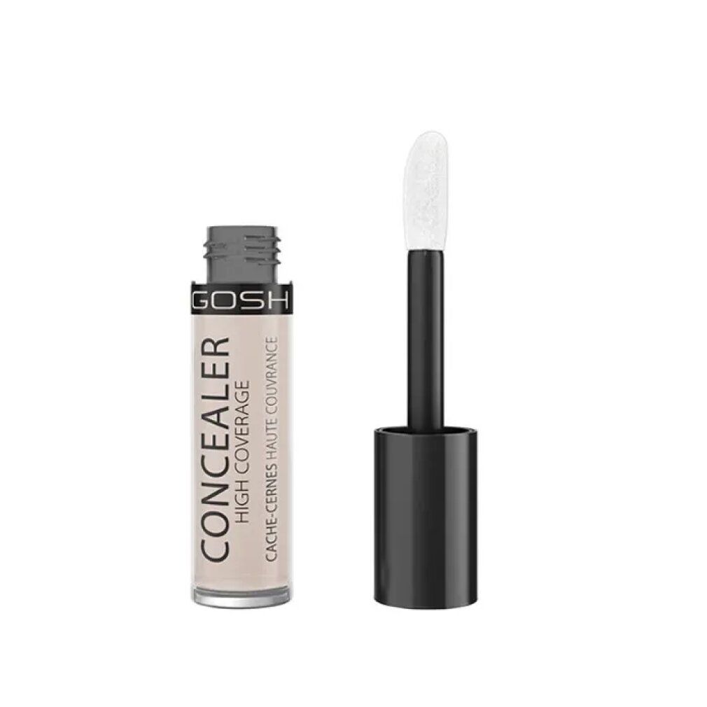 Gosh Concealer High Coverage 002 Ivory. Fles en applicator. Opschrift: CONCEALER HIGH COVERAGE. Tint: Ivory.