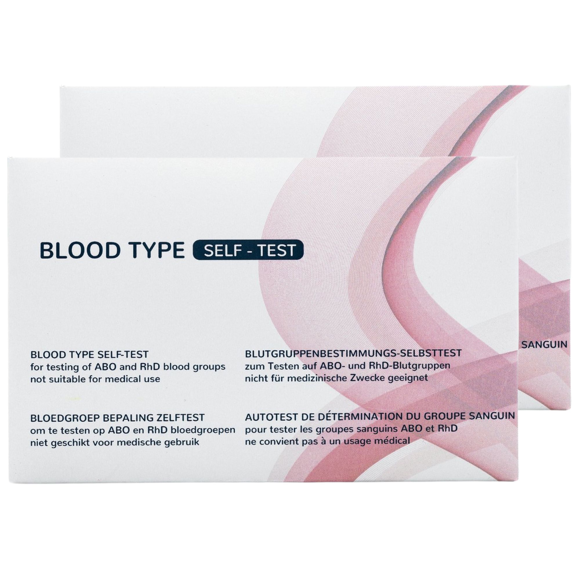 Twee dozen bloedgroep sneltest. Opschrift: Blood Type Self-Test. Tekst in het Duits, Engels, Nederlands en Frans.