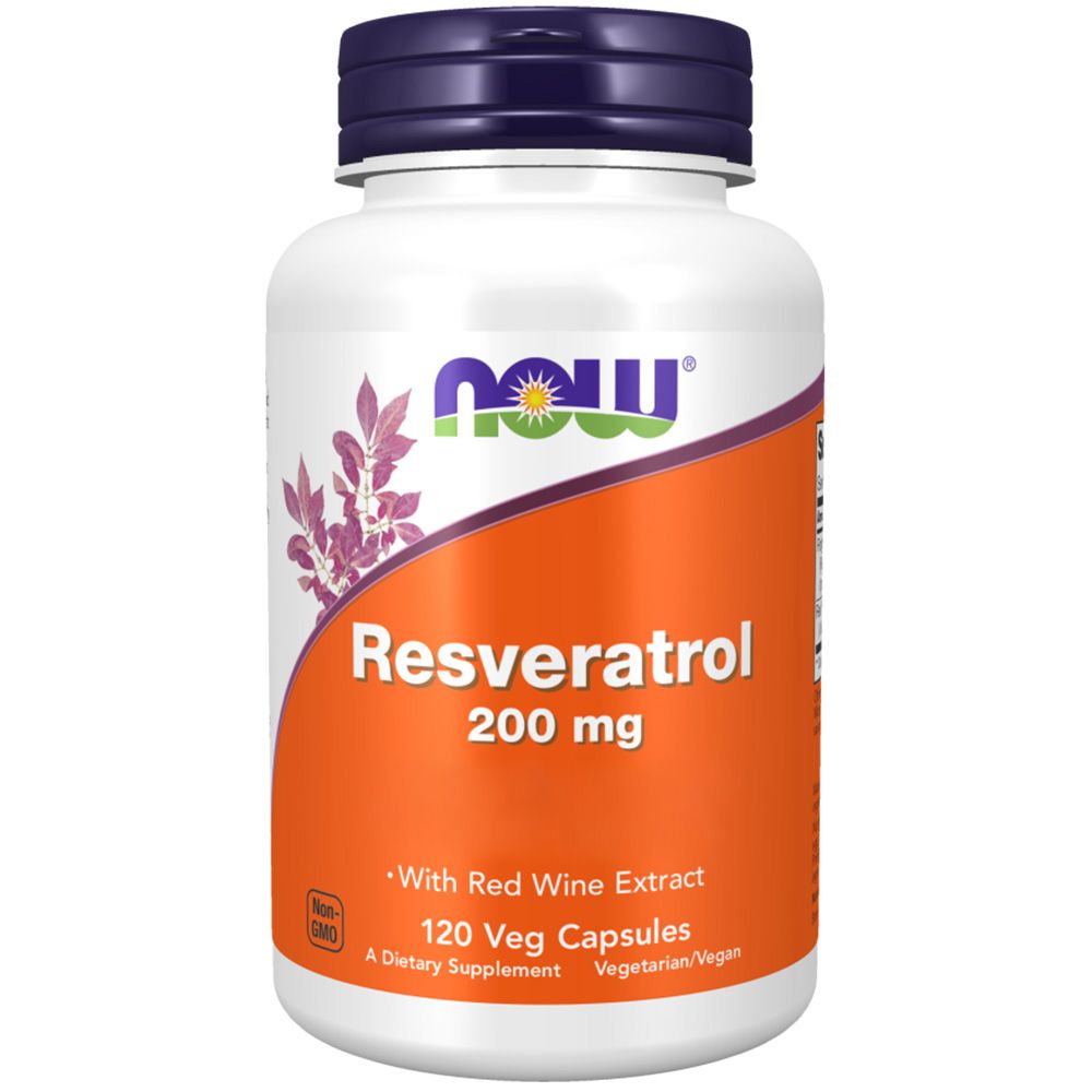 Witte fles met paarse dop. Opschrift: Now Foods, Natural Resveratrol, 200mg. 120 Veg capsules.