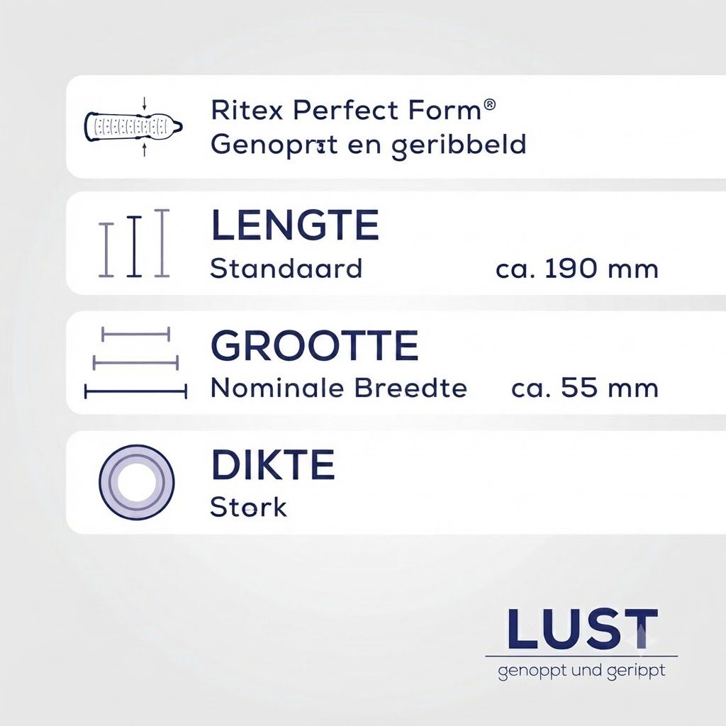 Ritex LUST condooms: Genopt en geribbeld. Lengte ca. 190 mm, Nominale breedte ca. 55 mm, Dikte: Dik.
