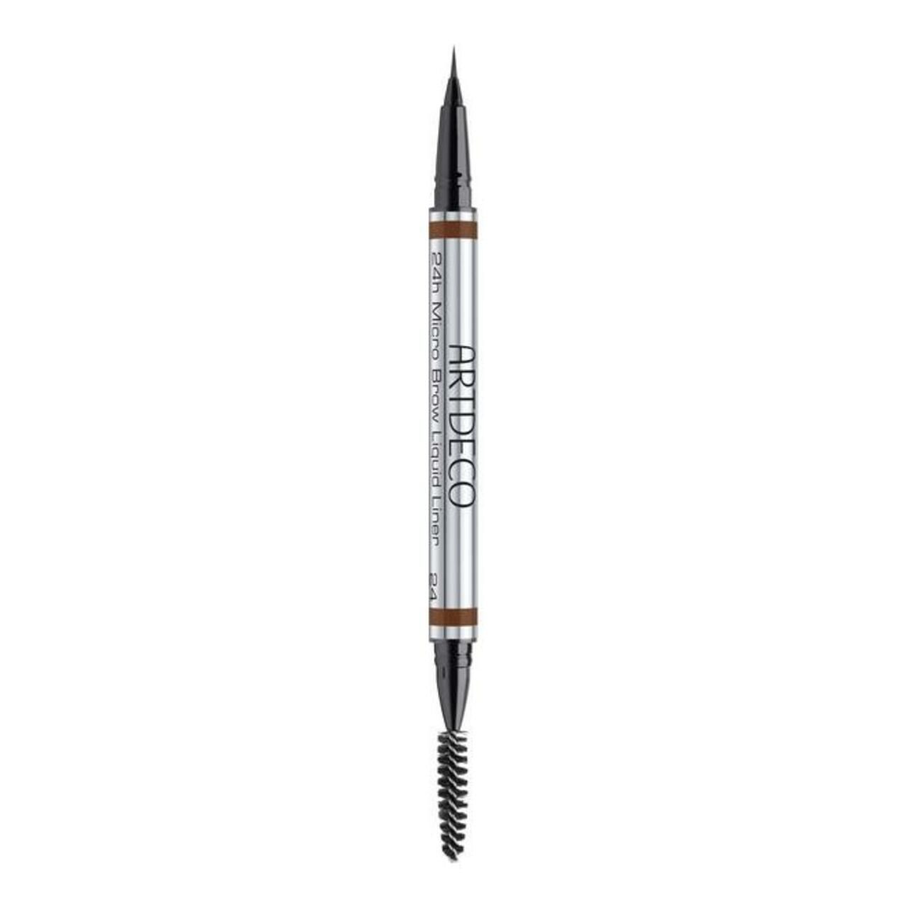 Dubbele pen met borstel. Zilverkleurige pen met bruin potlood, eyeliner en borstel. Opschrift: Artdeco, 24h Micro Brow & Liquid Liner.