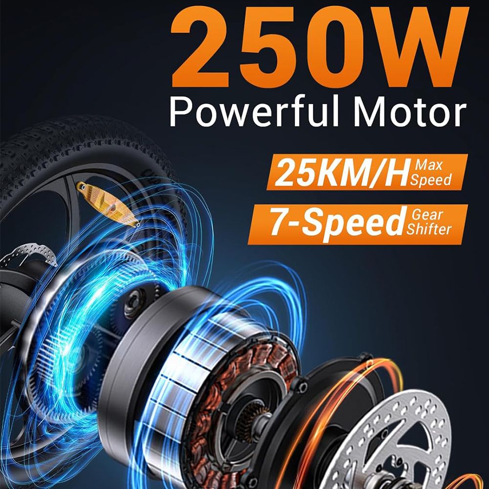 Elektrische motor met opschrift 250W, 25KM/H maximale snelheid en 7-versnellingsbak. Zwarte achtergrond.