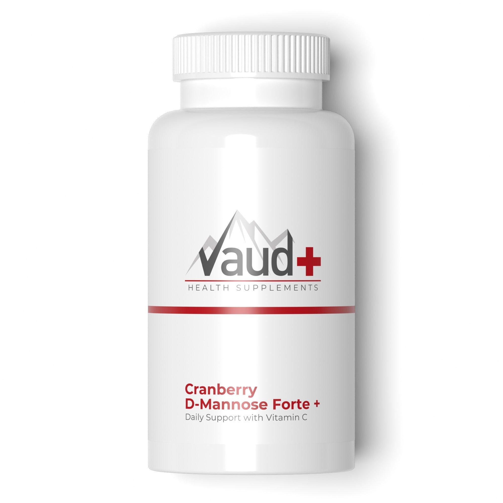 Witte fles met capsules. Opschrift: Vaud+, Cranberry D-Mannose Forte+, Daily Support with Vitamin C.