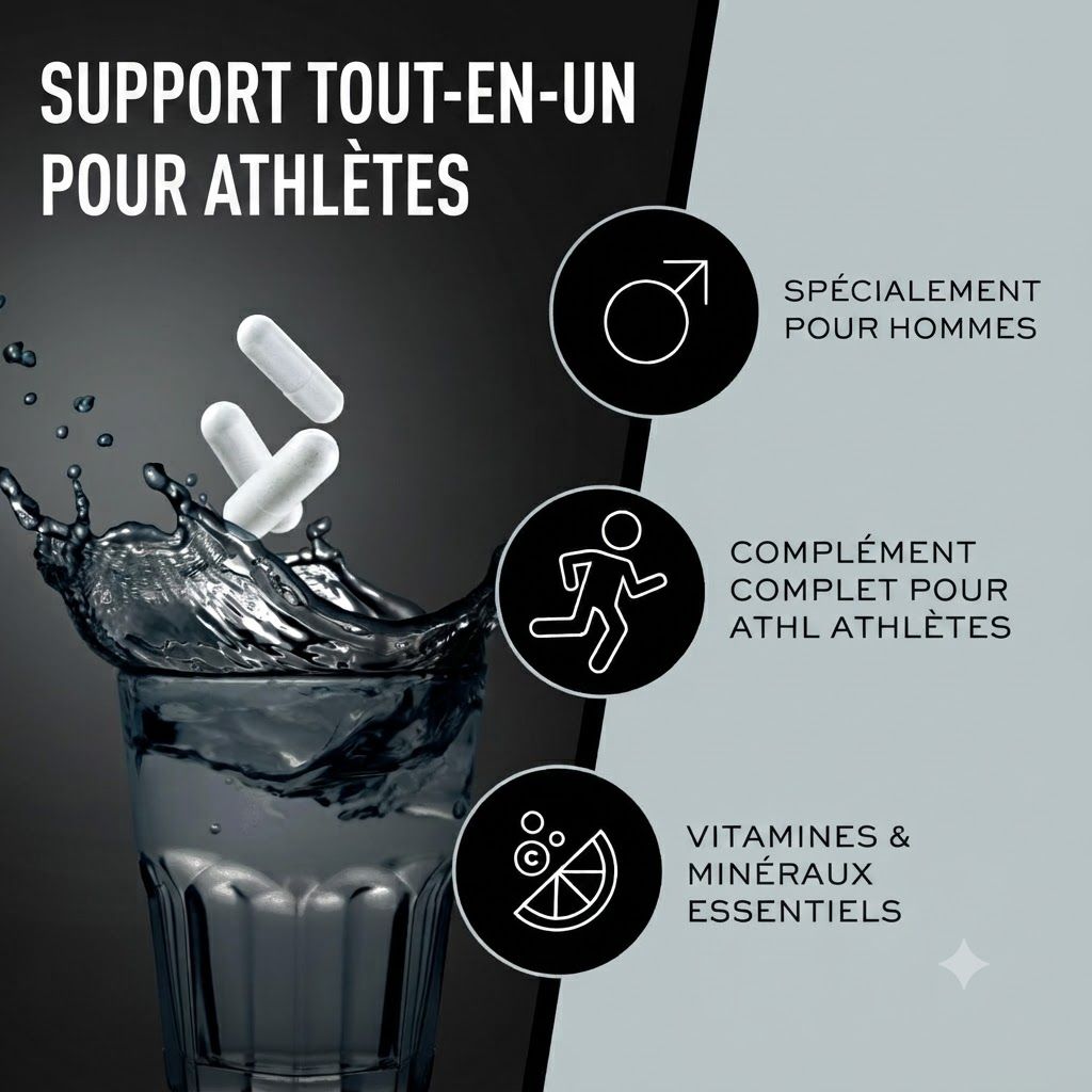 Capsules tombant dans un verre d'eau. Icônes : symbole homme, coureur, vitamines et minéraux. Titre : 'Support tout-en-un pour athlètes'.