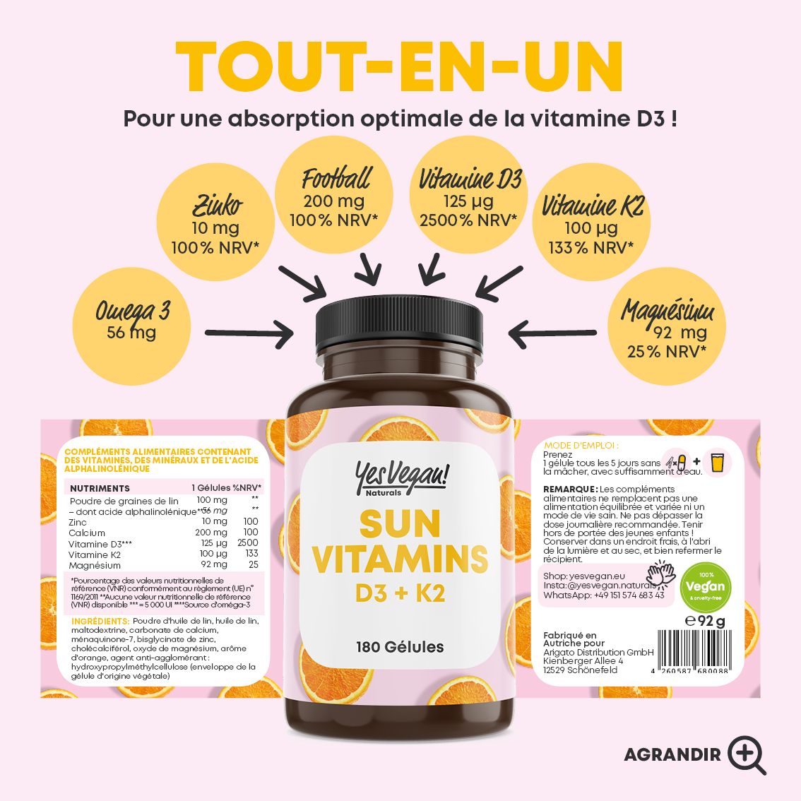 Infographie avec informations nutritionnelles. Flacon SUN VITAMINS D3 + K2. Informations sur zinc, calcium, vitamine D3, K2, oméga 3, magnésium. 180 gélules.