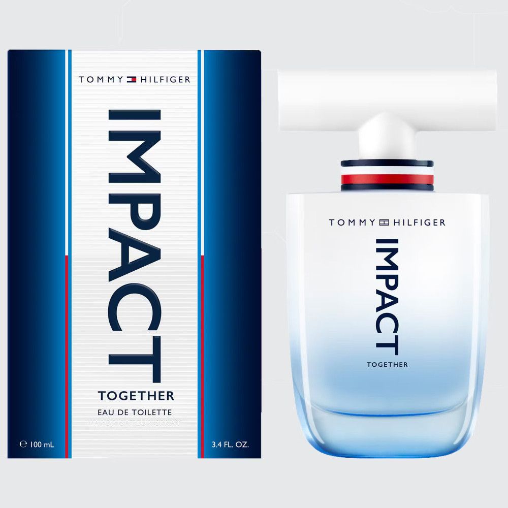 Fles en verpakking van Tommy Hilfiger Impact Together Eau de Toilette. Wit, blauw en rood. Tekst: IMPACT TOGETHER.