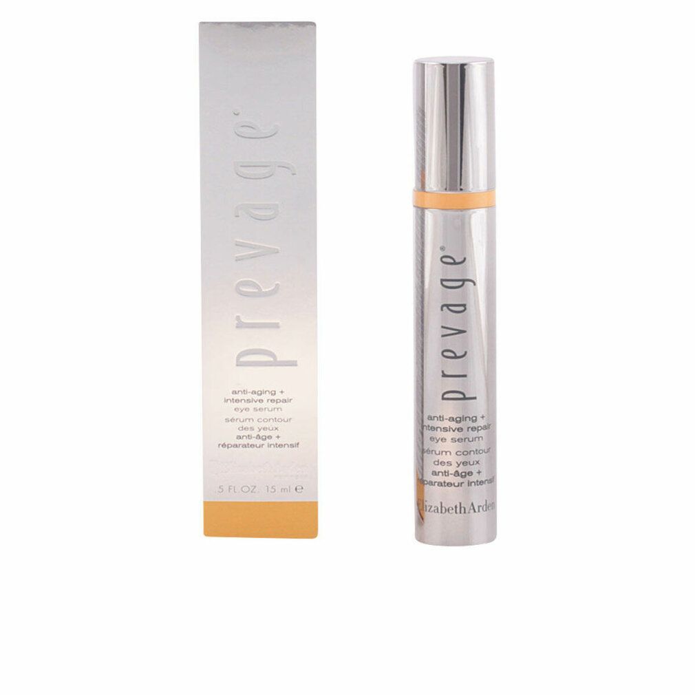 Flacon argenté et boîte avec texte "prevage". Accent jaune. Nom du produit et détails visibles.
