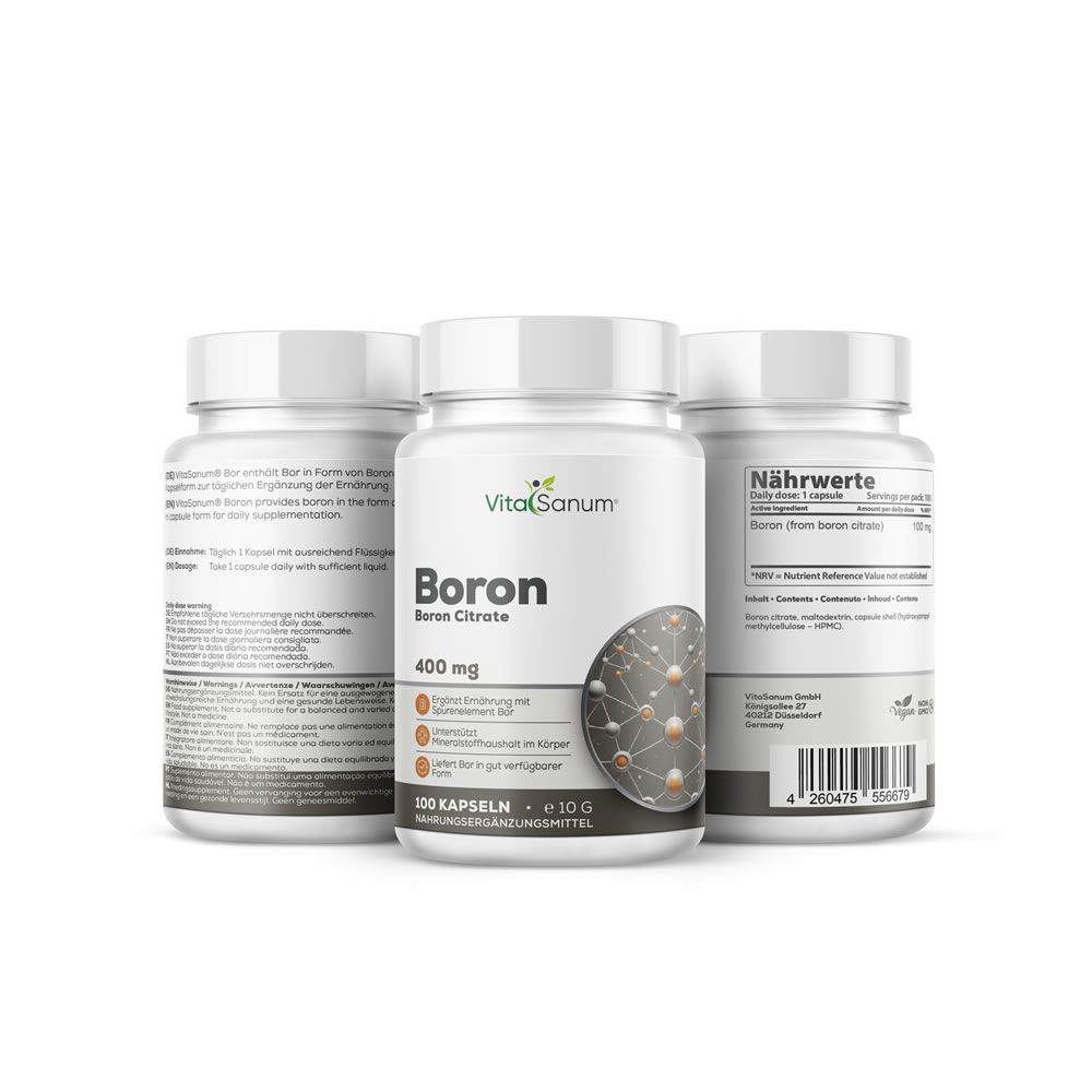 Drie witte flessen met etiketten. Eén toont "VitaSanum Boron Citrate 400 mg". Een andere toont voedingswaarde-informatie.