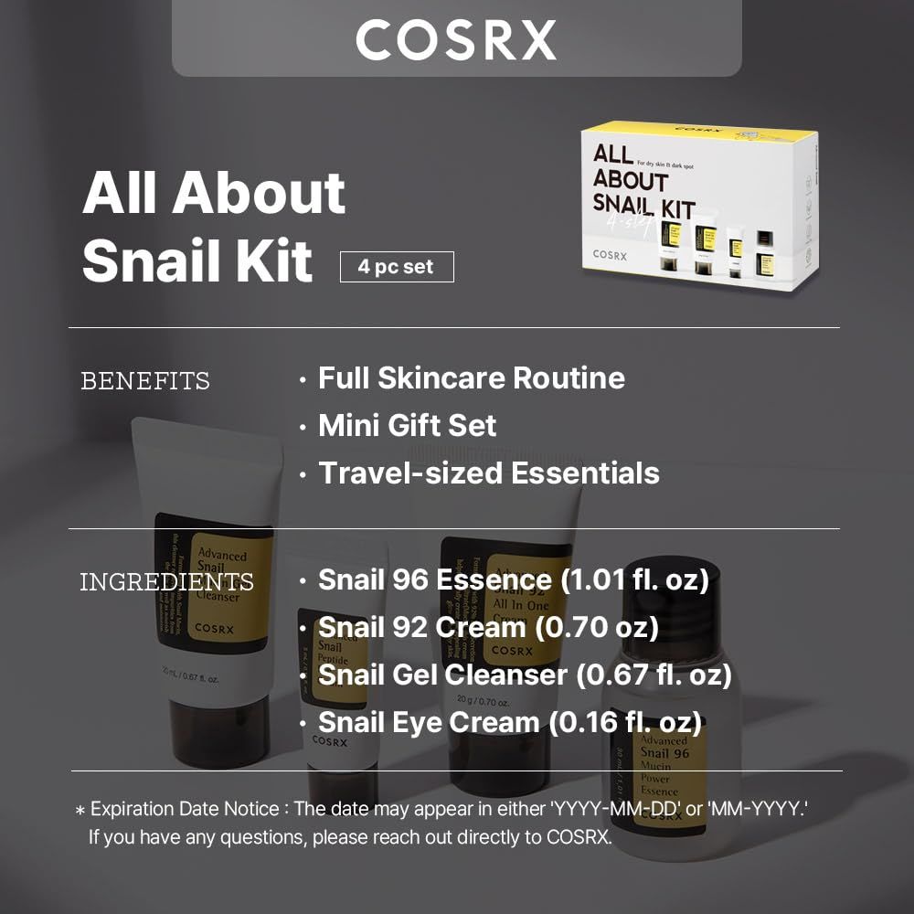 Set van vier items. Bevat essence, crème, reiniger en oogcrème. Lijst met ingrediënten en maten.