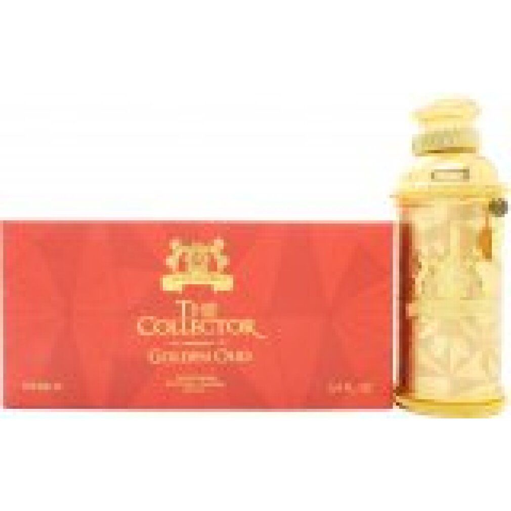 Vaporisateur Golden Oud Eau de Parfum à côté d'une boîte cadeau rouge.