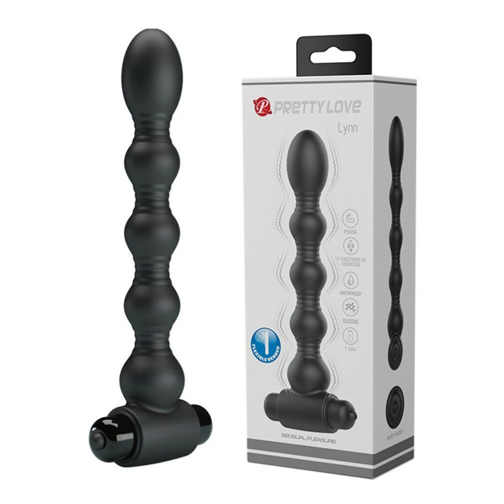 Zwarte anale plug naast verpakking. Opschrift: Pretty Love, Lynn. Productafbeelding en iconen.