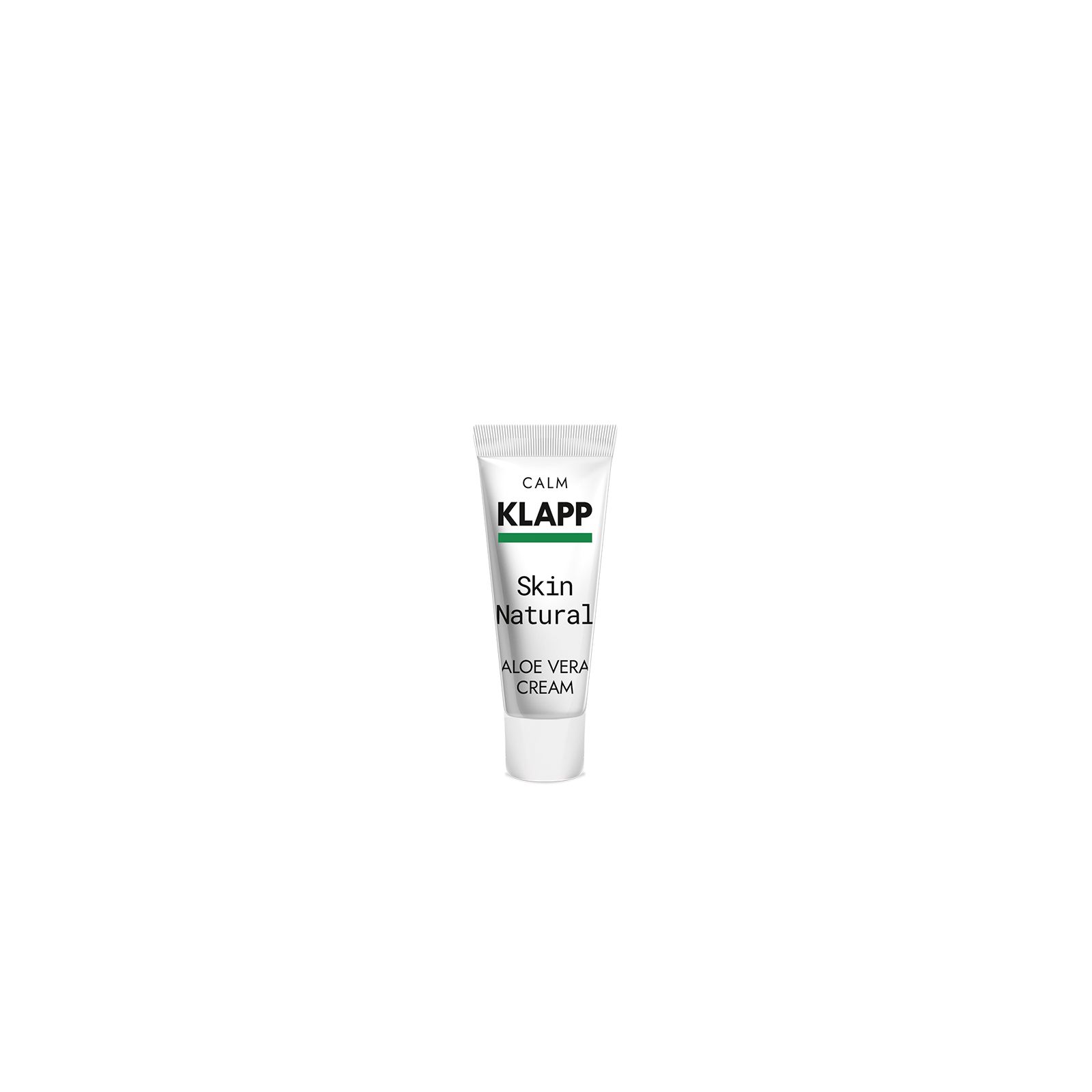 Tube Aloe Vera crème met Klapp logo en Skin Natural label. Witte tube met groene accenten. Productnaam en volumeaanduiding.