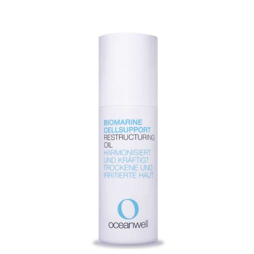 Cilindrische fles met witte dop. Opschrift: Biomarine Cellsupport Restructuring Oil. Logo en tekst oceanwell.