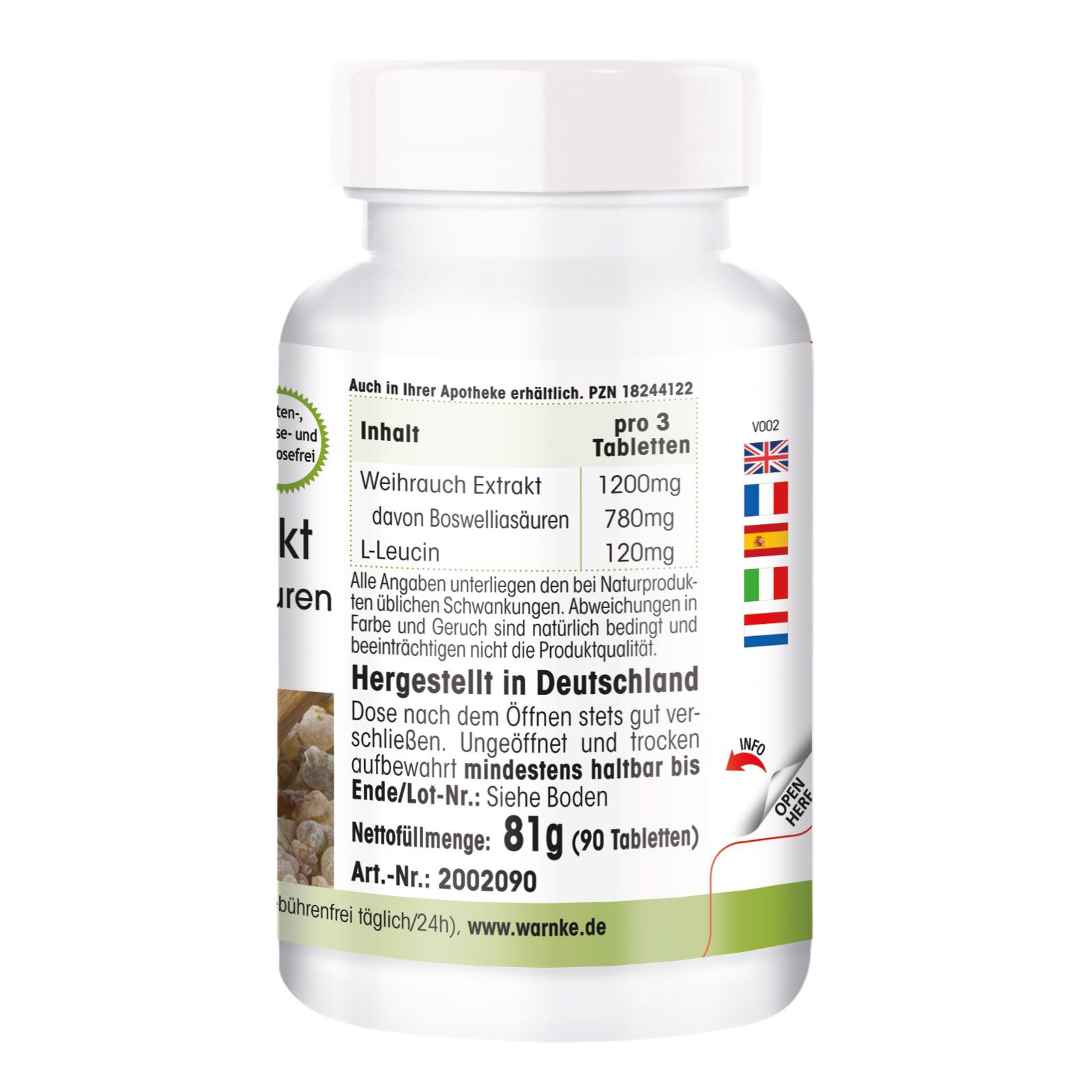 Dos de la bouteille de comprimés. Texte avec informations sur le contenu pour 3 comprimés. Fabriqué en Allemagne. Warnke Vitalstoffe.