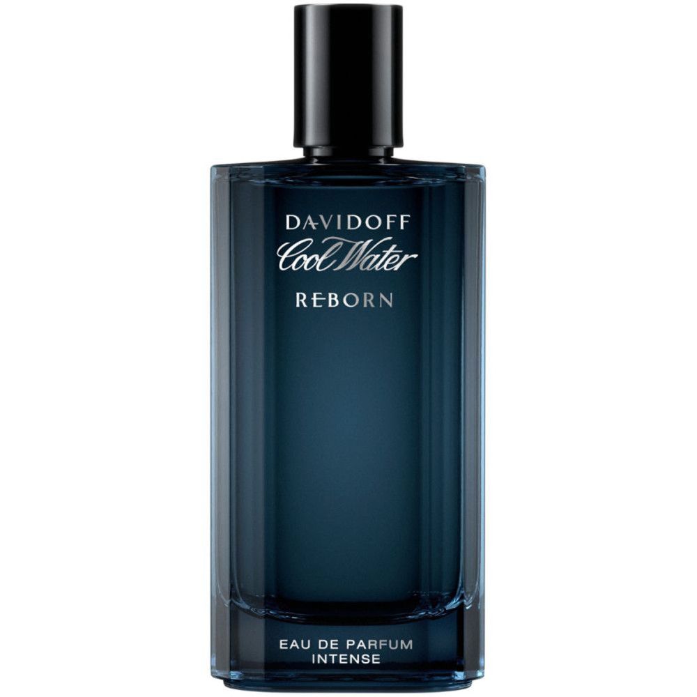 Davidoff Cool Water Reborn Intense Eau de Parfum. Flacon rectangulaire, bouchon noir. Dégradé de bleu.