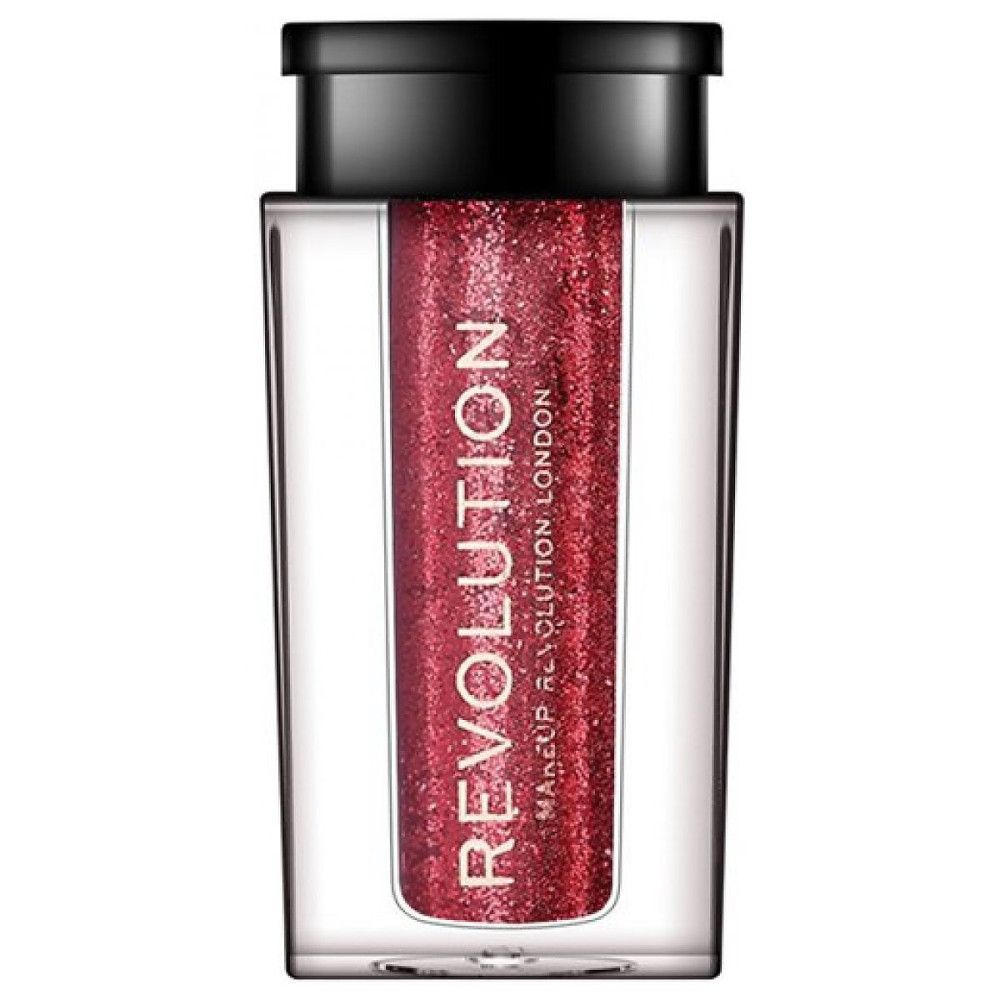 Paillettes dans un récipient transparent avec couvercle noir. Inscription: REVOLUTION LONDON.