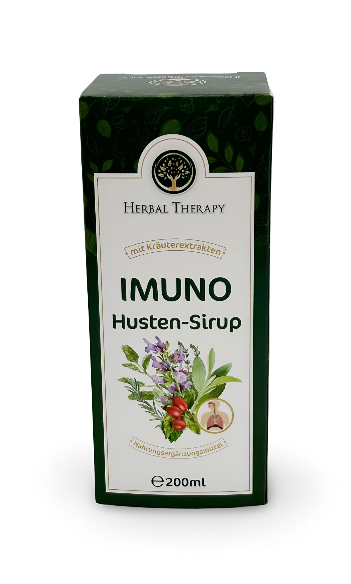 Groene doos met opschrift: IMUNO Husten-Sirup, Herbal Therapy. Met kruidenextracten. E 200ml. Illustratie van kruiden.