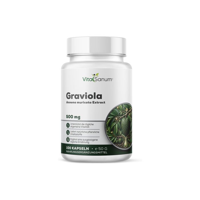 Flacon blanc de capsules d'extrait de Graviole VitaSanum. Façade avec image de fruit et indication 500 mg.