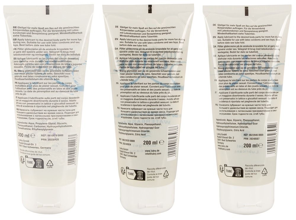 Trois tubes de gel lubrifiant JUST GLIDE, dos avec instructions et ingrédients.