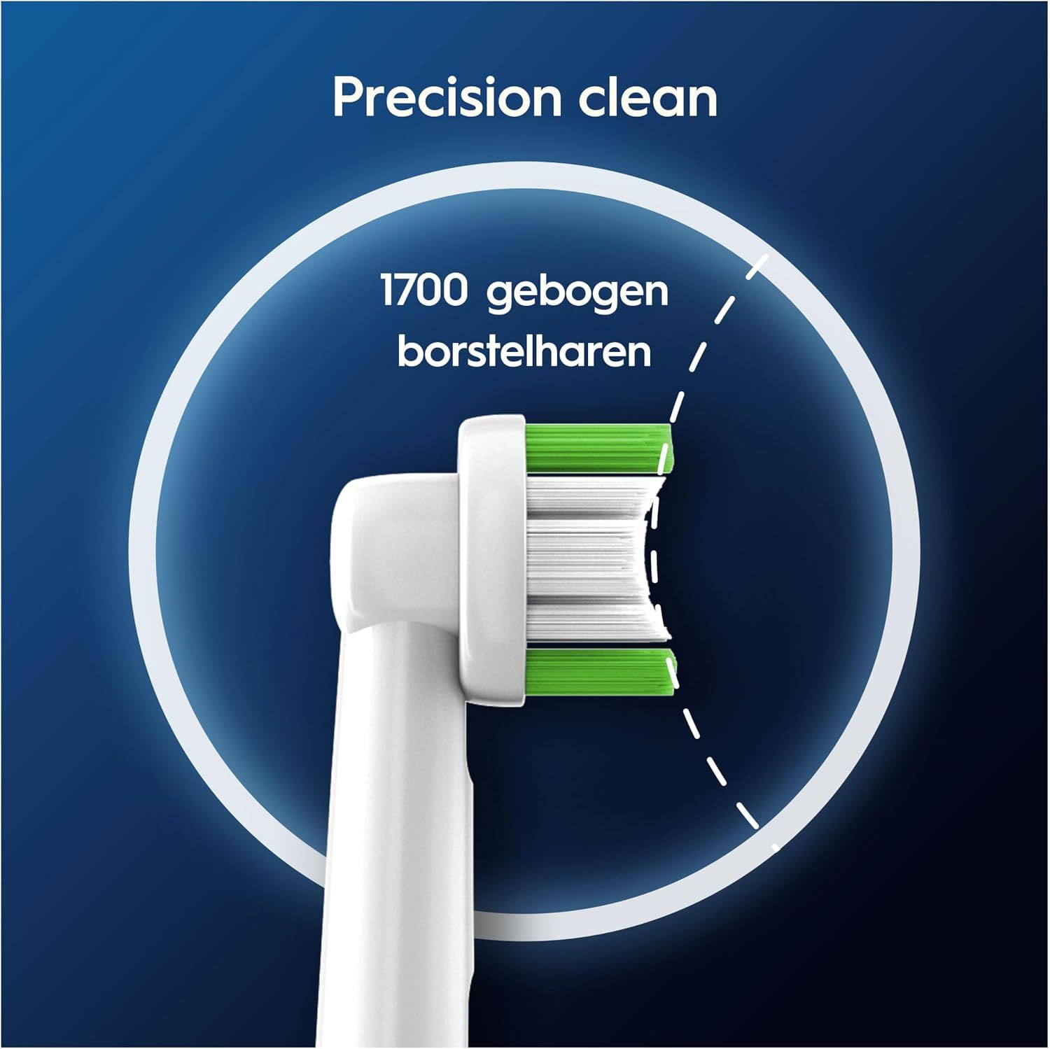 Opzetborstel met 1700 gebogen borstelharen voor precieze reiniging.