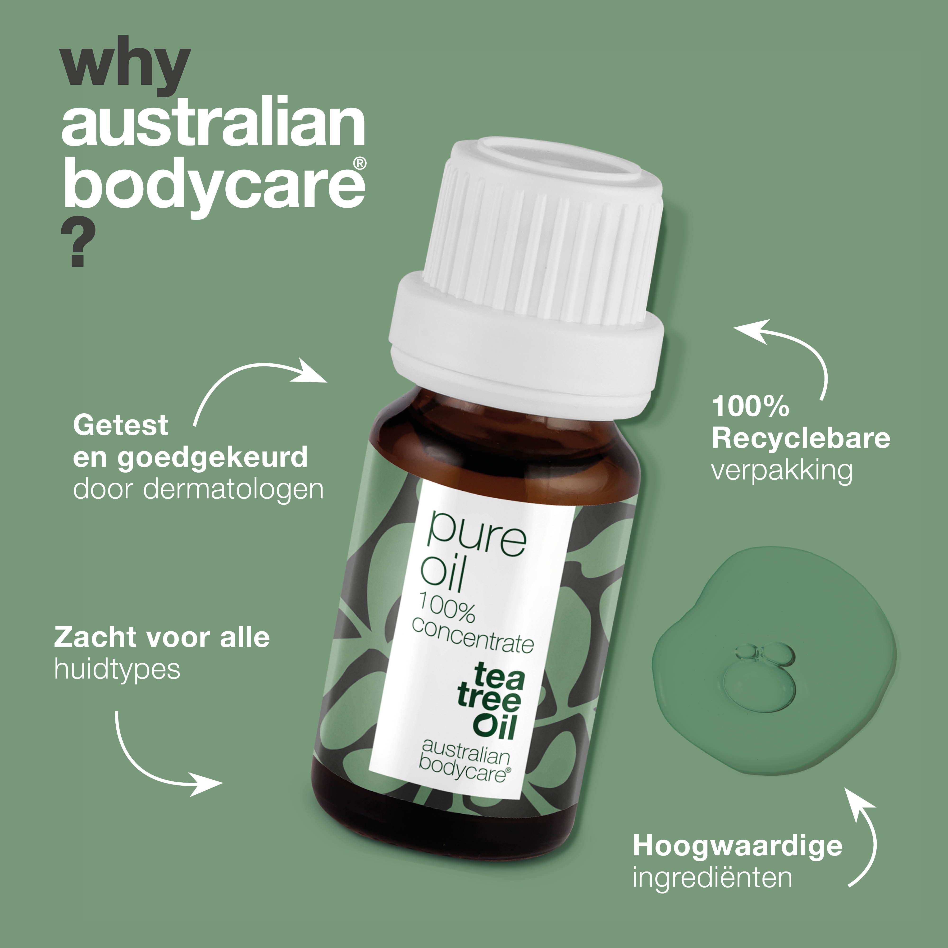 Grafiek: Waarom australian bodycare? Fles met tekst: pure oil, 100% concentrate, tea tree oil, australian bodycare. Tekst en druppels.