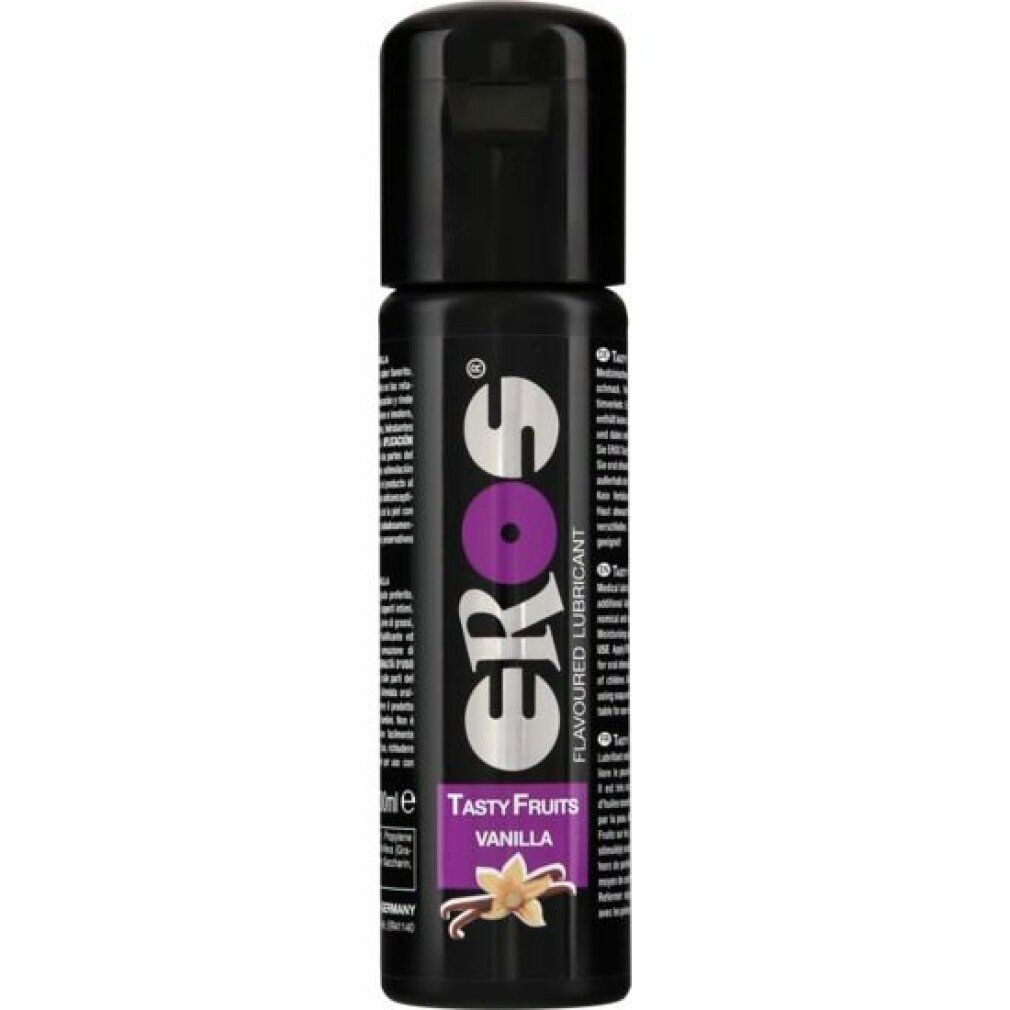 Flacon noir avec bouchon rabattable. Inscription EROS, Tasty Fruits Vanilla. Illustration d'une gousse de vanille.