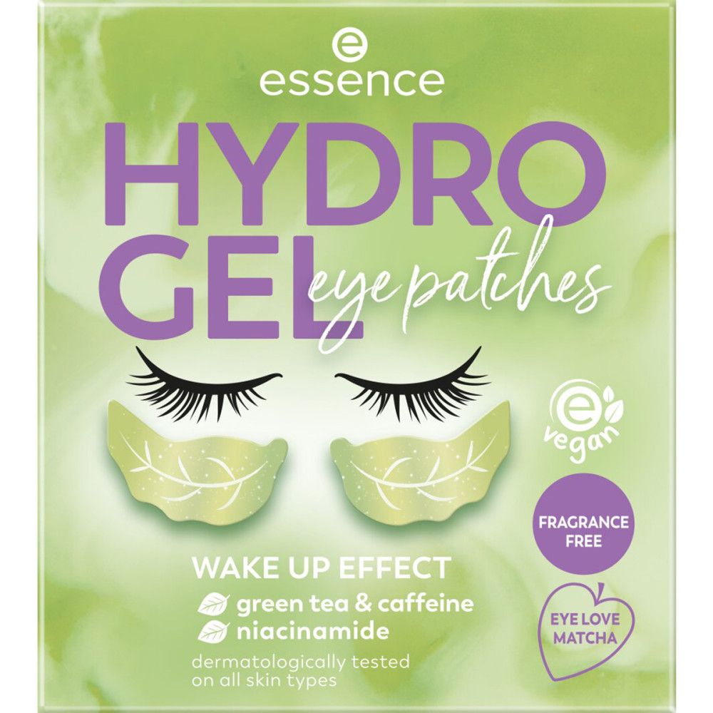 Emballage de patchs pour les yeux. Texte: Essence, HYDRO GEL eye patches, vegan, sans parfum, Wake Up Effect.