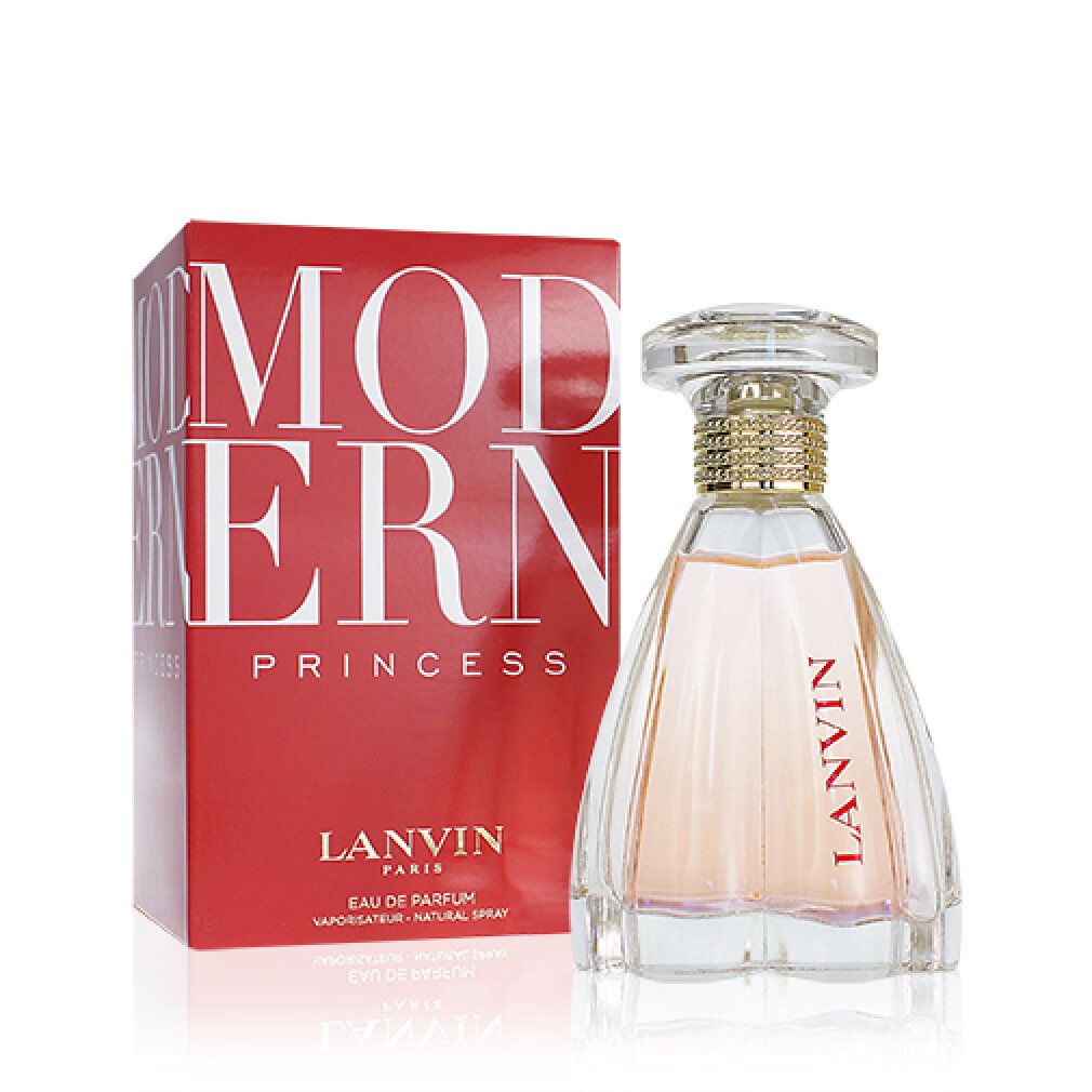 Flacon de parfum et boîte. Flacon en verre, liquide rose. Boîte rouge avec texte blanc : MODERN PRINCESS, LANVIN PARIS.