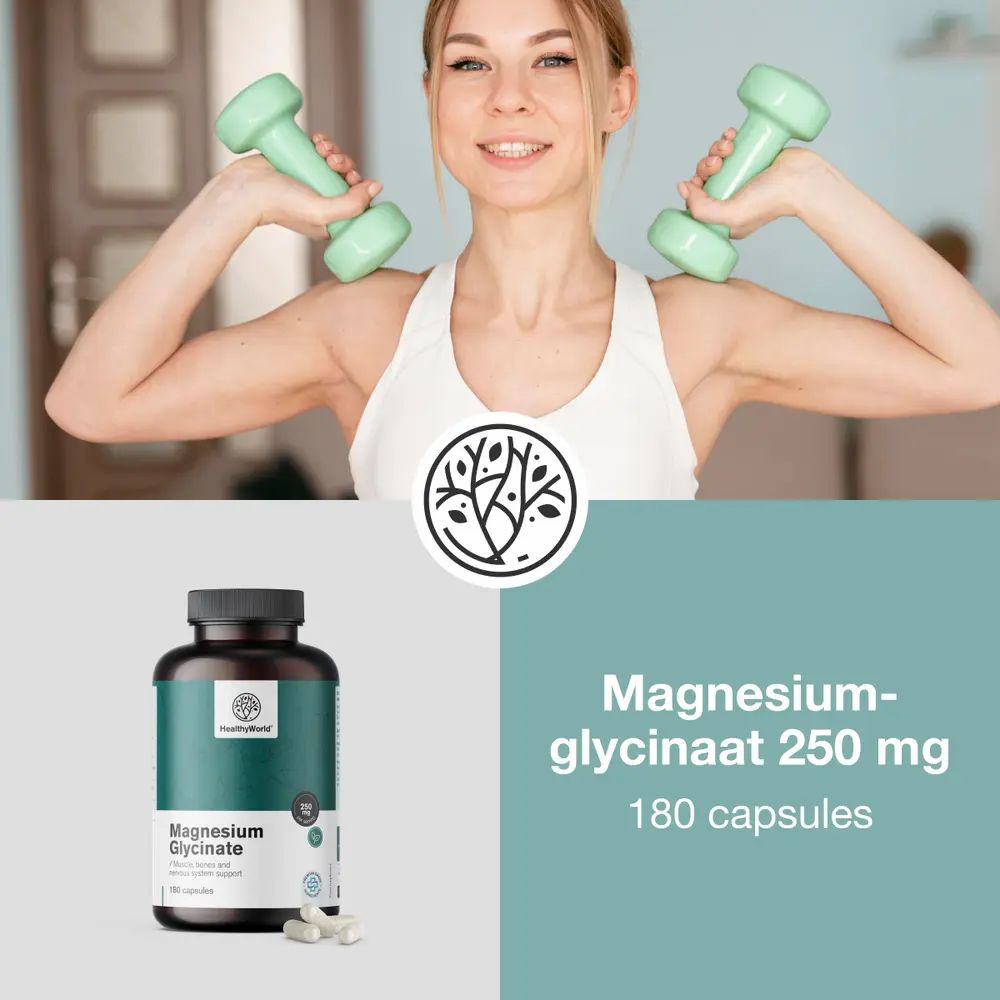 Vrouw met halters naast fles Magnesiumglycinaat 250 mg, 180 capsules. Merk: HealthyWorld.