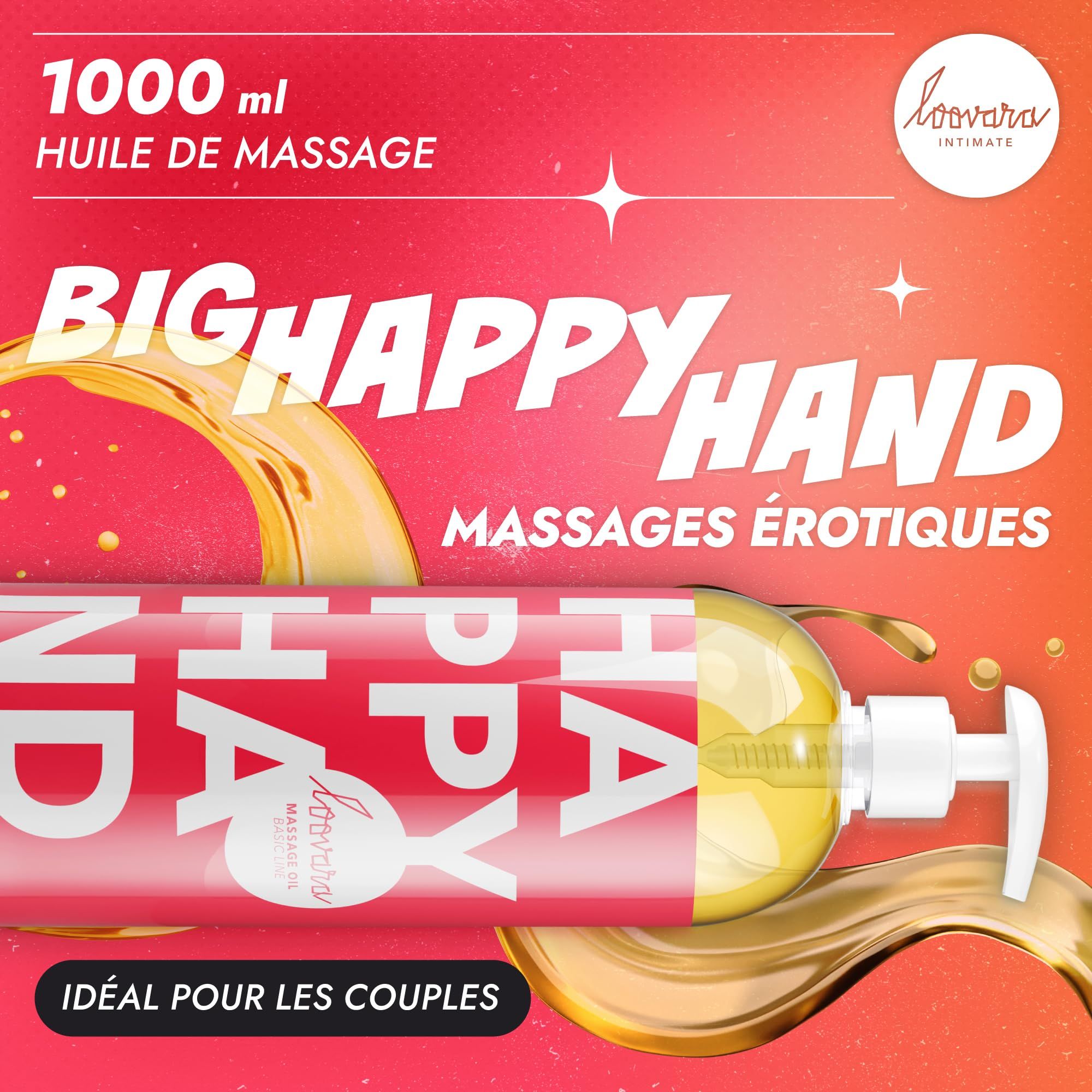 Image promotionnelle : Bouteille d'huile de massage Loovara Happy Hand, 1000ml, avec textes 'BIG HAPPY HAND' et 'MASSAGES ÉROTIQUES'.