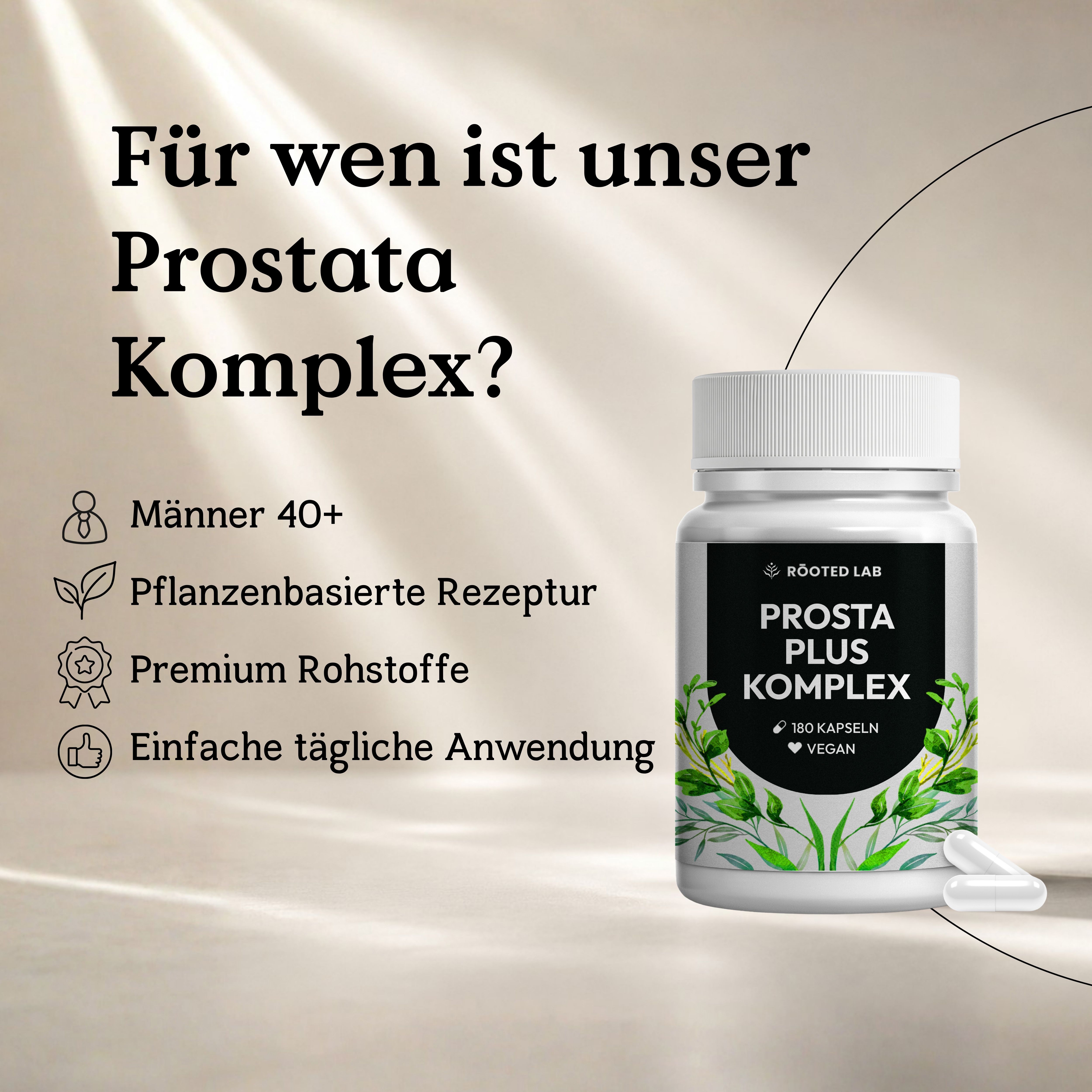 Bouteille Prostata Plus Komplex avec icônes : Hommes 40+, végétal, matières premières premium, application facile.