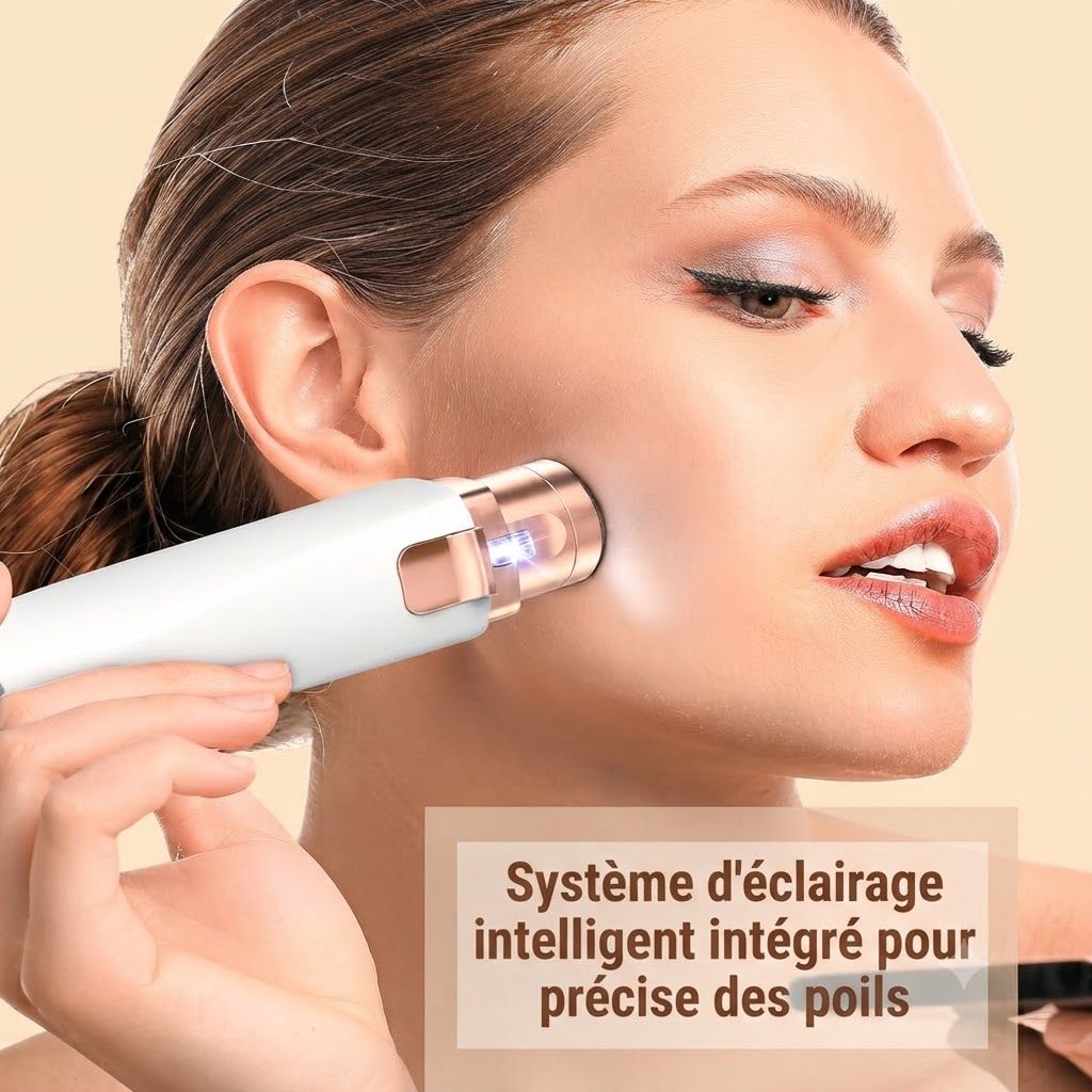 Un appareil de soin de la peau blanc et doré est appliqué sur la joue d'une femme.