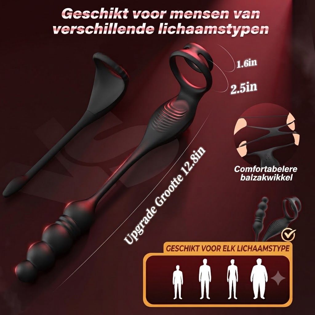 Twee zwarte massageapparaten met handvatten en diverse uiteinden. Eén heeft een brede, platte punt, de ander een geribbelde handgreep en een ring.