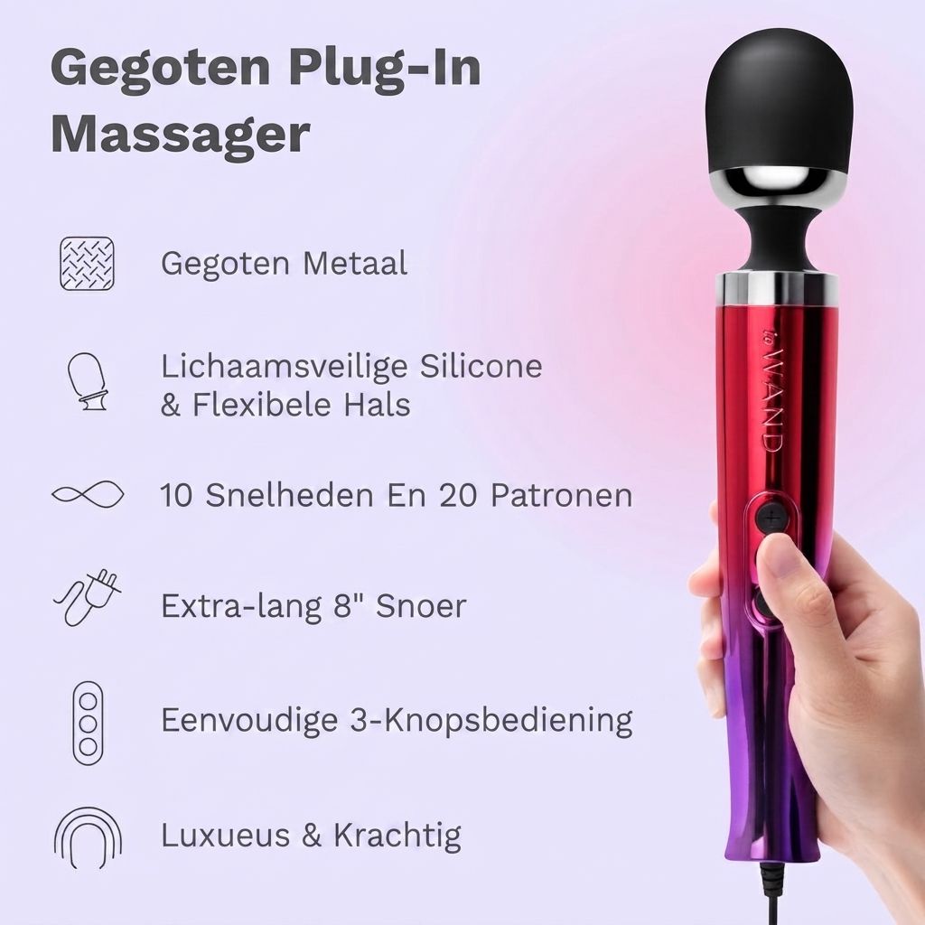 Rood-paars verlopende massagestaaf "Diecast Plug-In" met adapter en tasje.